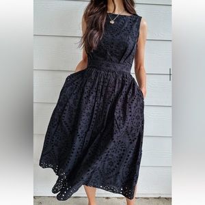 Scoop Brand Black Eyelet Backless Bow Midi Dress